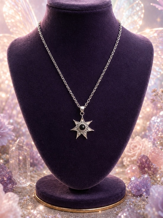 925 Sterling Silver Jewelry - Pendant 925 Sterling Silver Starburst Genuine Black Onyx Center Stone